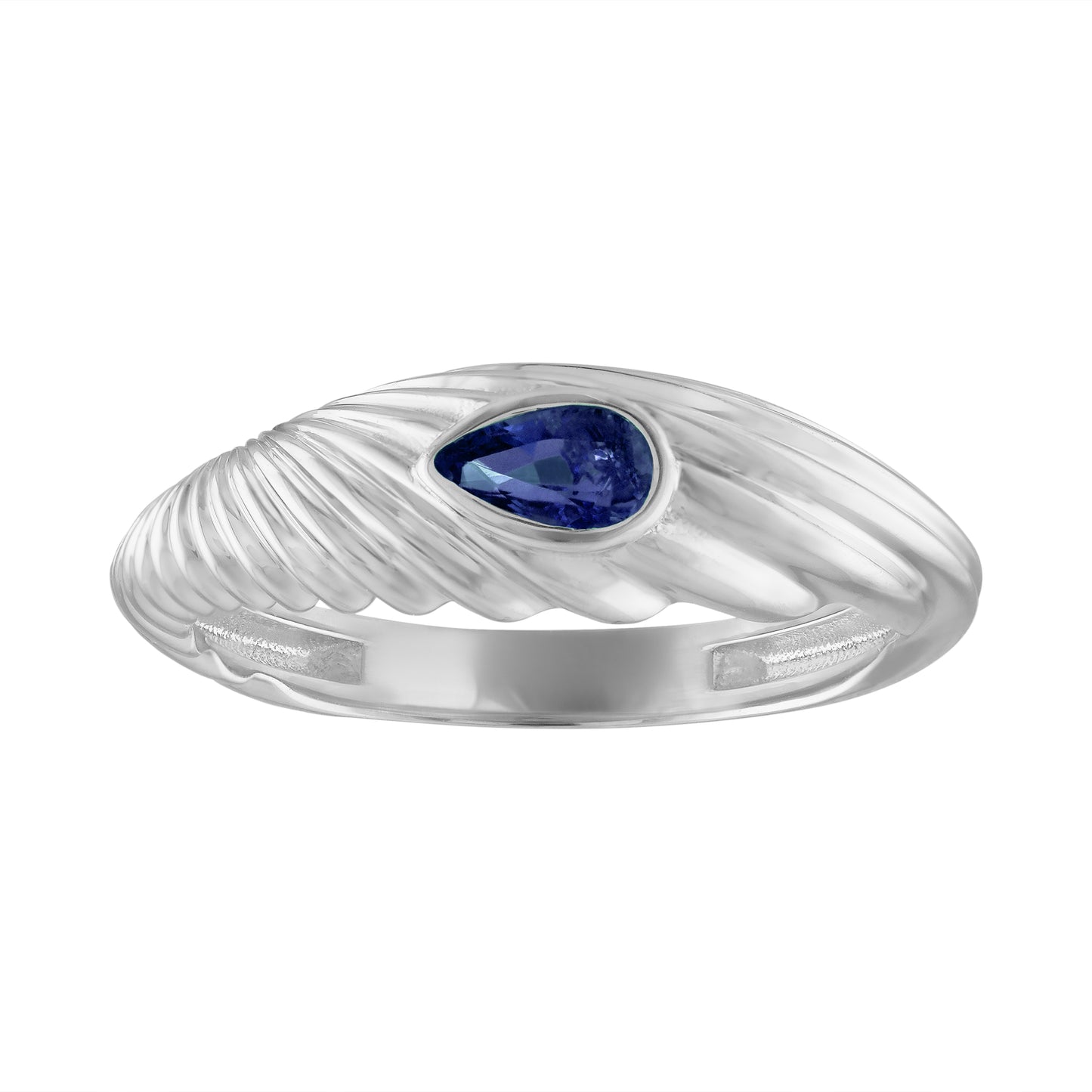 White gold fluted band with a bezeled sapphire in the center.