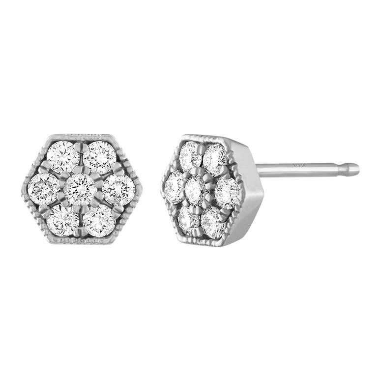 White gold pair of hexagon earrings with round diamonds. 