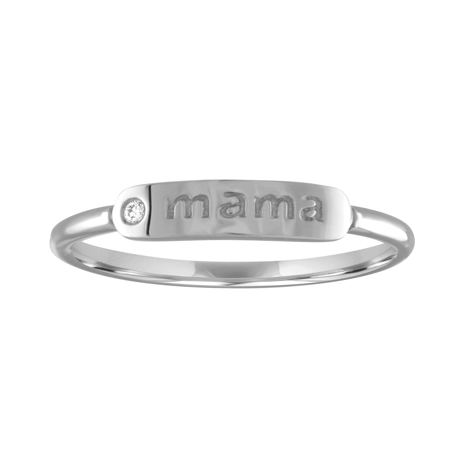 White gold skinny band with mama in the center and round diamond.