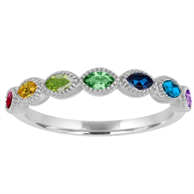 White gold skinny band with marquise cut color stones. 