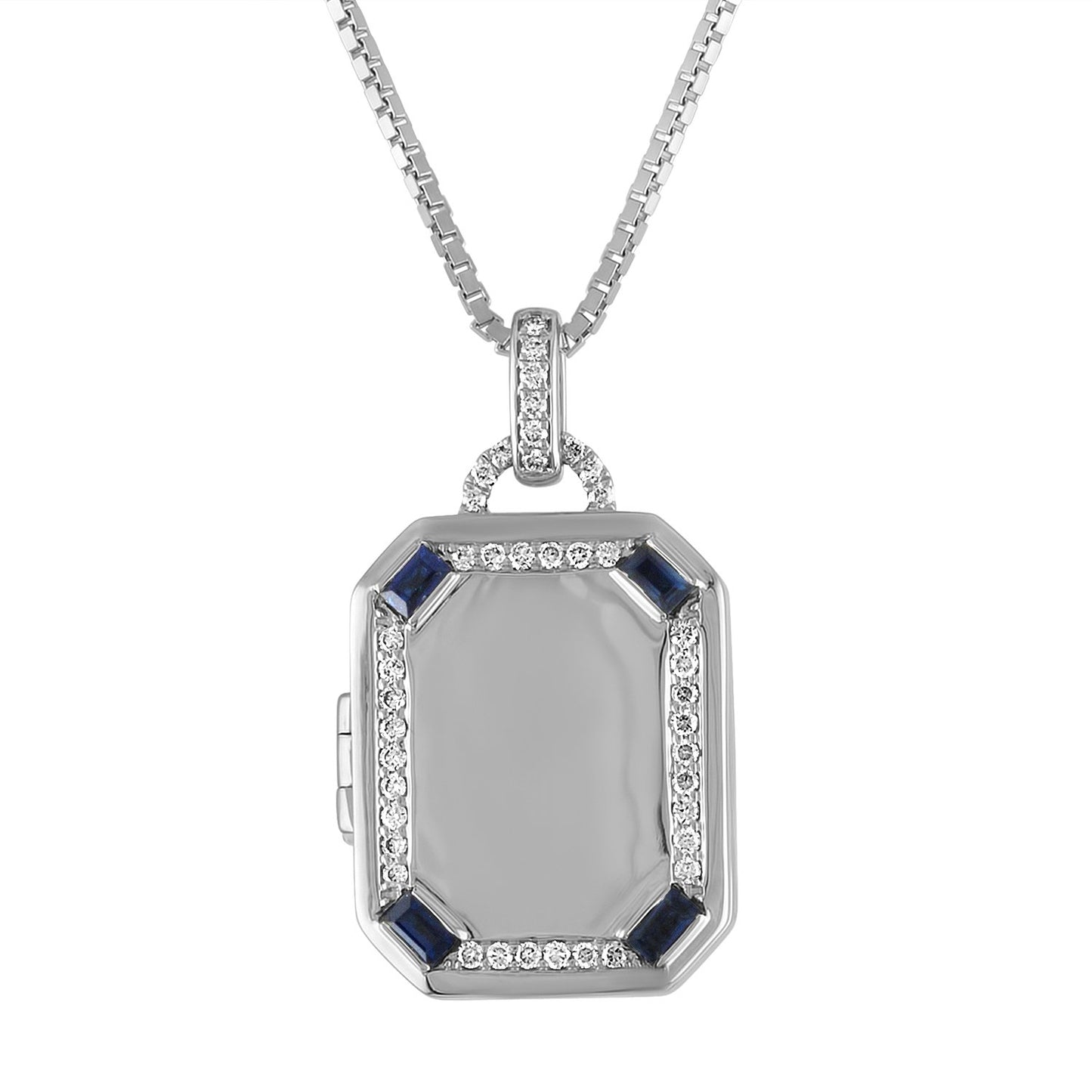 White gold rectangle locket with sapphire baguettes and round diamonds.