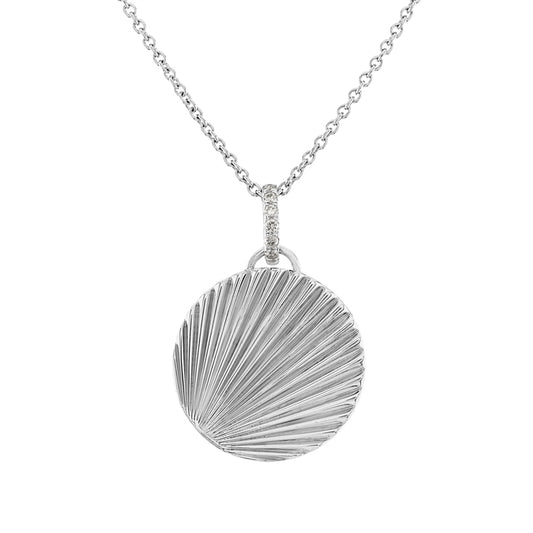 White gold fluted round disc necklace.