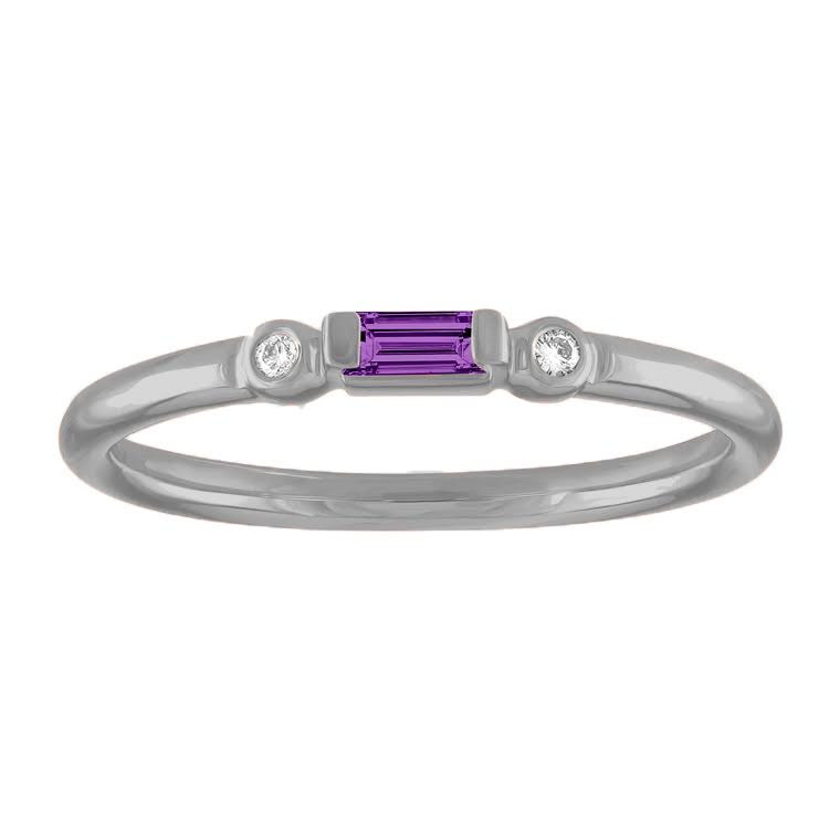 White gold skinny band with an amethyst baguette in the center and two round diamonds on the side. 