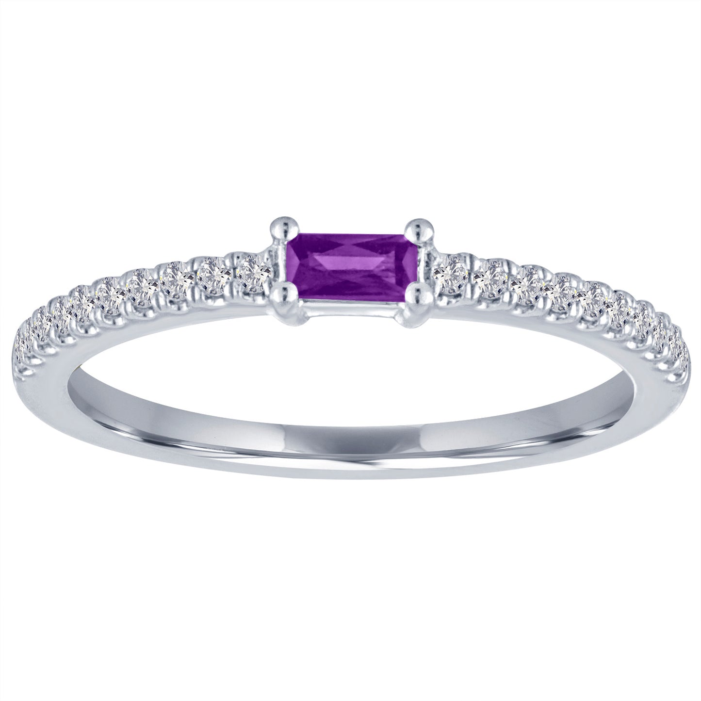 White gold skinny band with an amethyst baguette in the center and round diamonds on the shank.