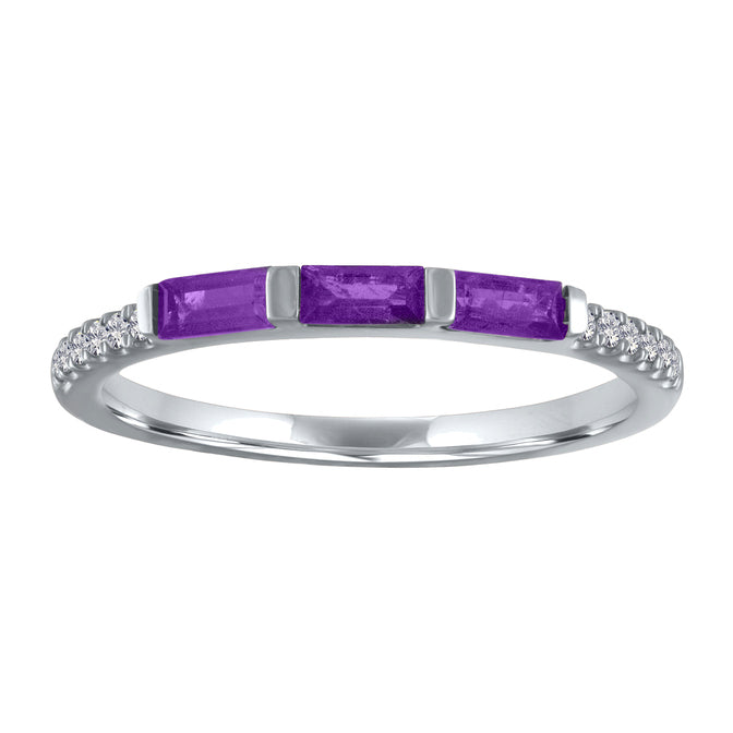 White gold band with three amethyst baguettes and round diamonds on the shank.