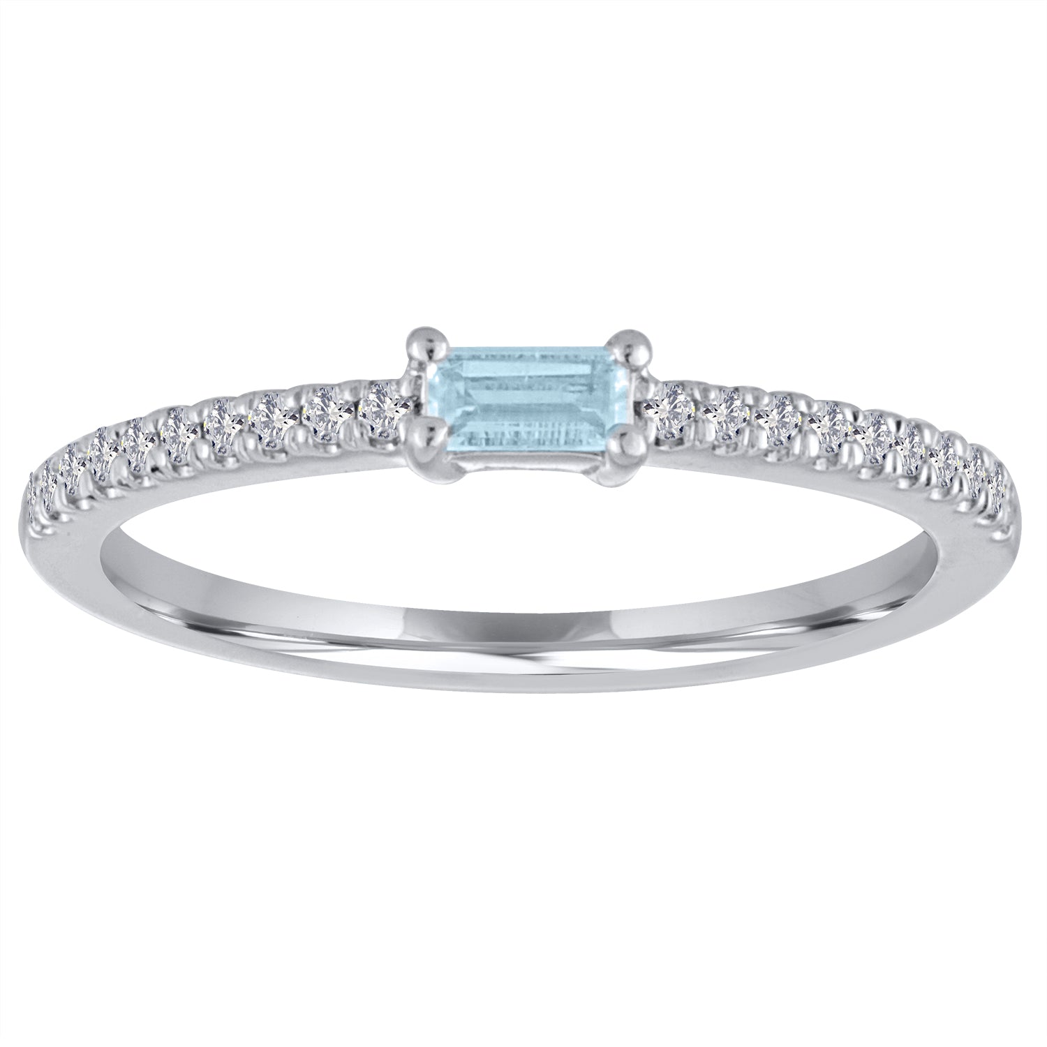 White gold skinny band with an aquamarine baguette in the center and round diamonds on the shank.