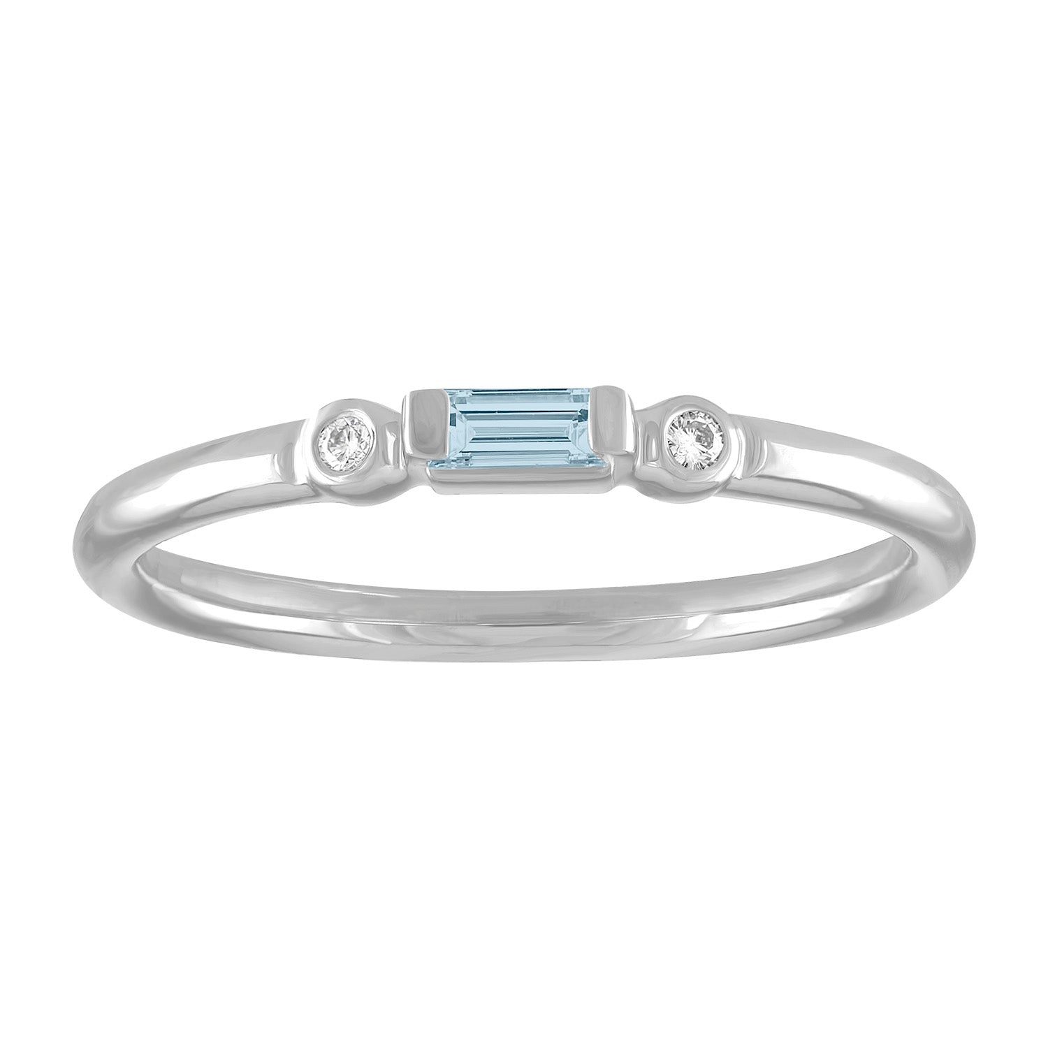White gold skinny band with an aquamarine baguette in the center and two round diamonds on the side. 