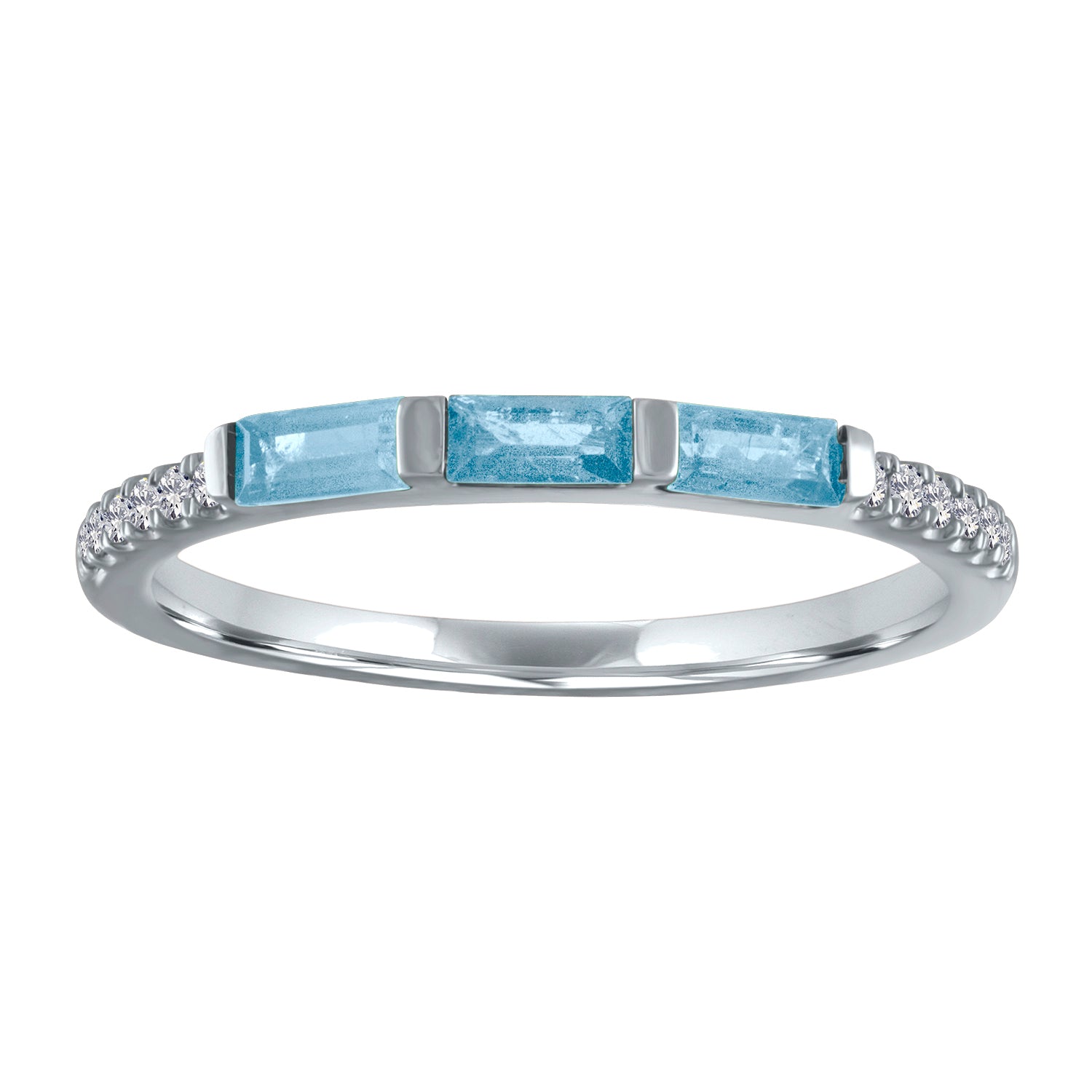 White gold skinny band with three aquamarine baguettes and round diamonds on the shank.