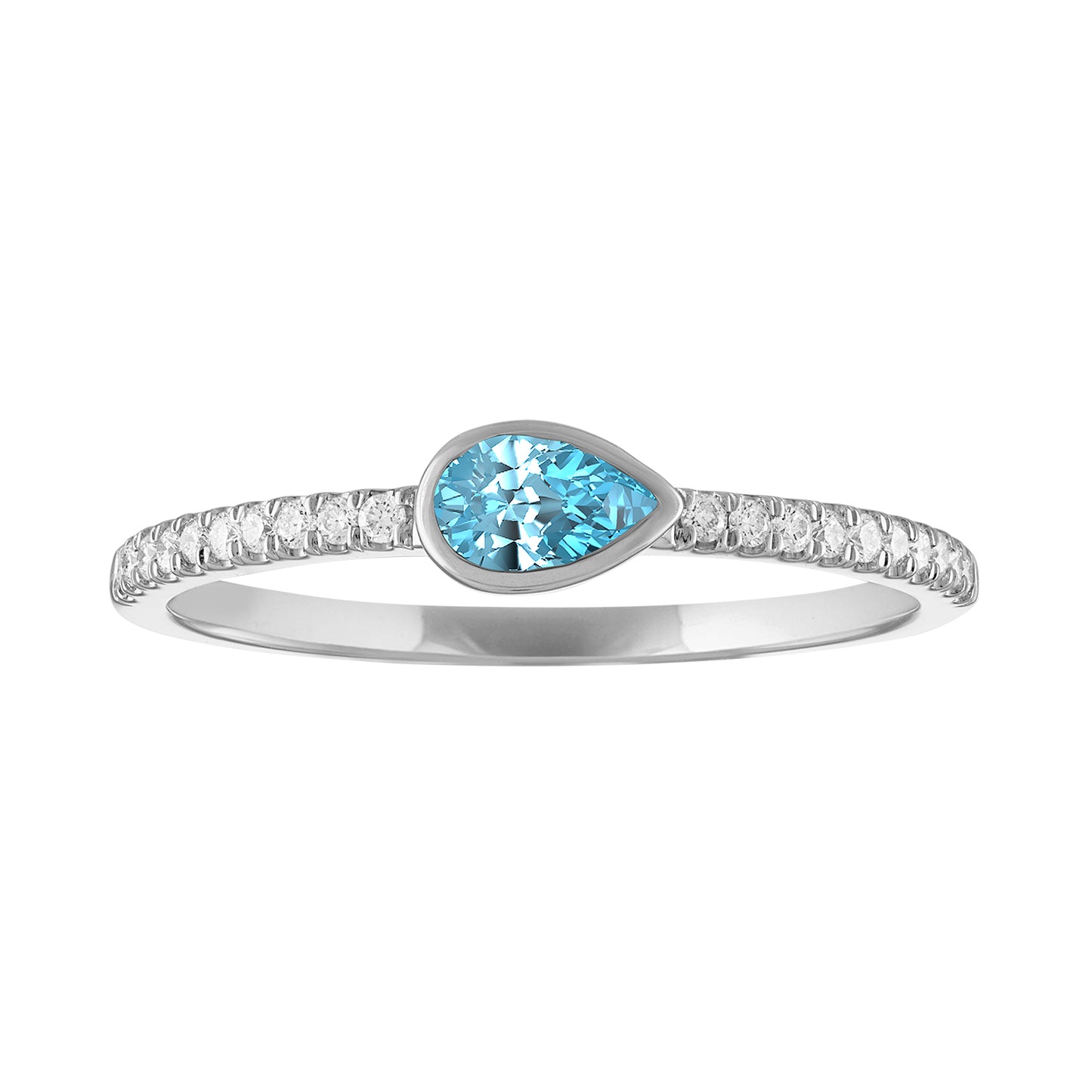White gold skinny band with a bezeled pear shape aquamarine in the center and round diamonds on the shank. 