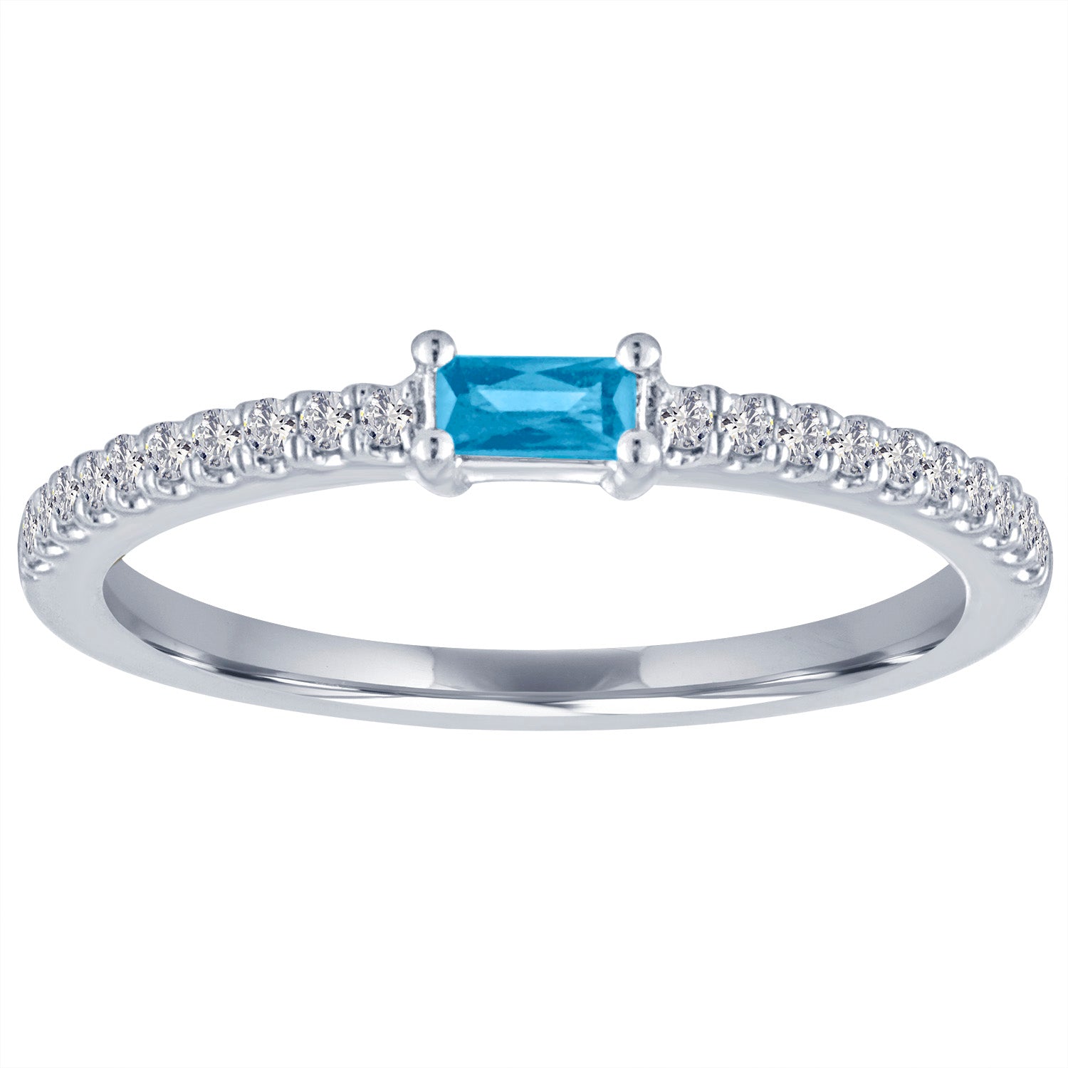 White gold skinny band with a blue topaz baguette in the center and round diamonds on the shank.
