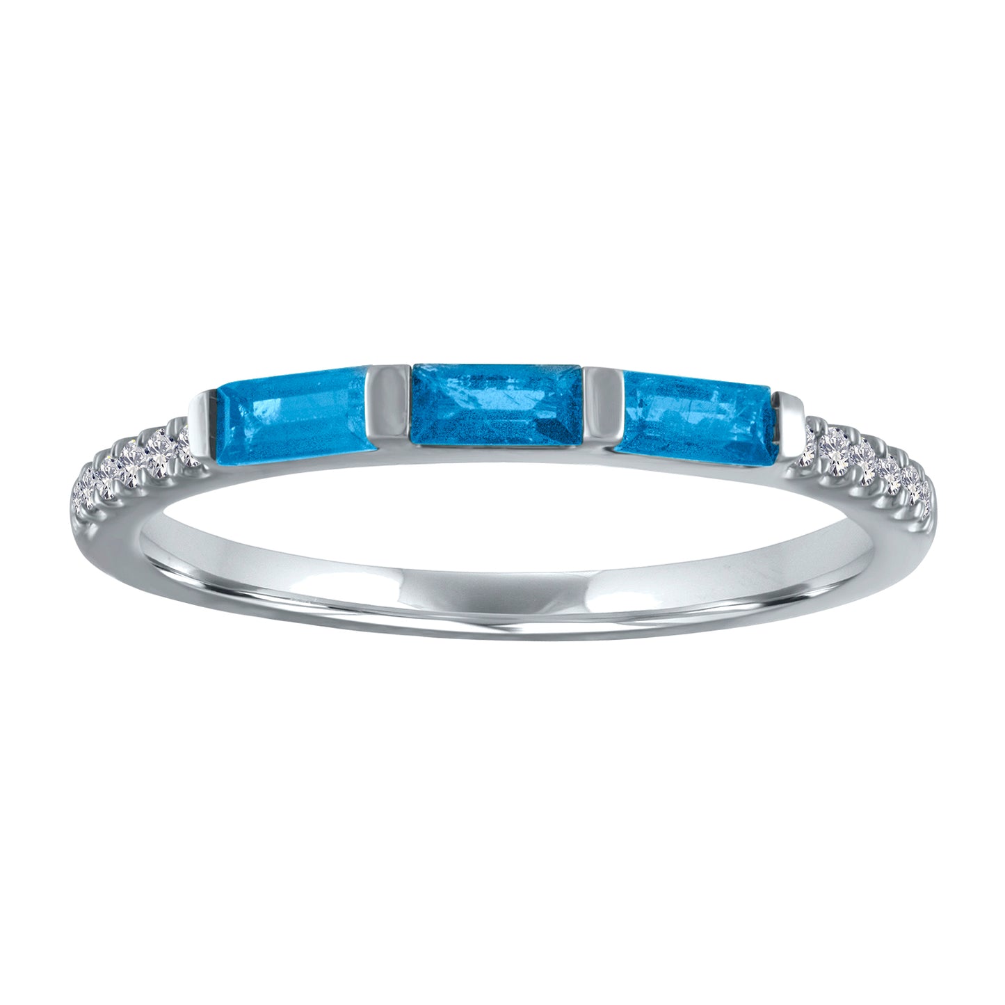 White gold skinny band with three blue topaz baguettes and round diamonds on the shank. 