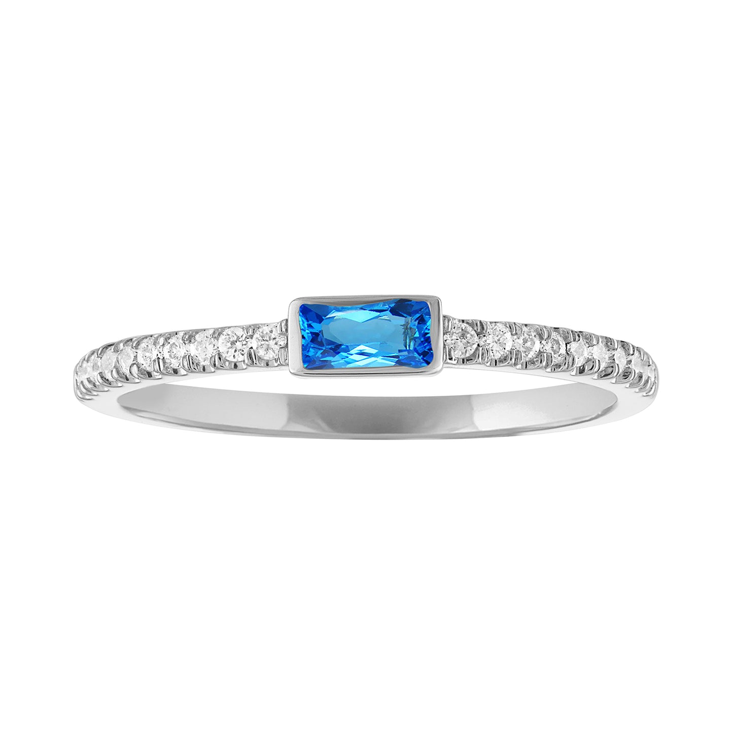 White gold skinny band with bezeled blue topaz baguette in the center and round diamonds on the shank. 