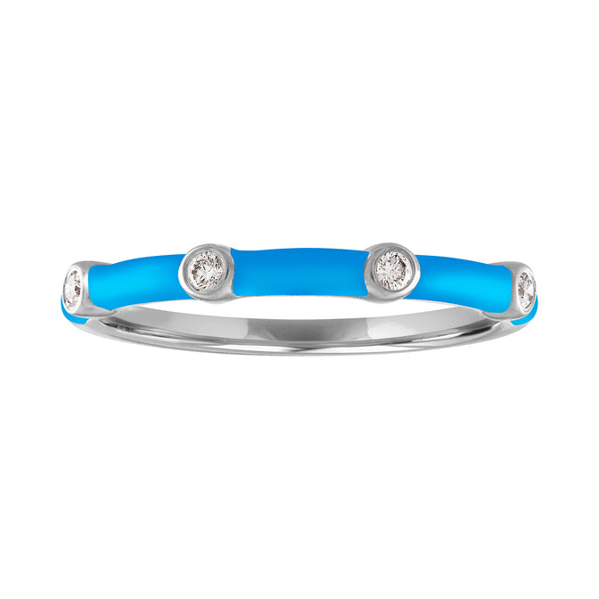 White gold skinny band with bright blue enamel and four round diamonds.