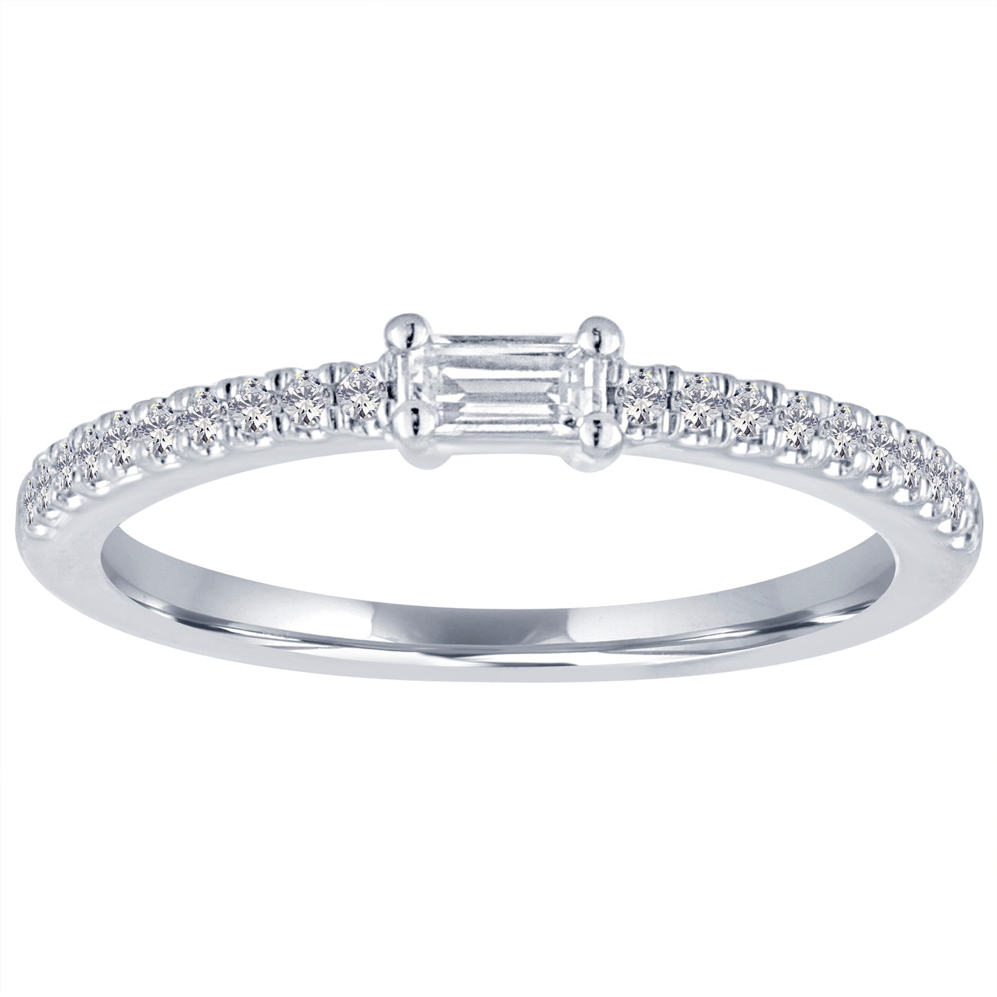 White gold skinny band with a diamond baguette in the center and round diamonds on the shank.