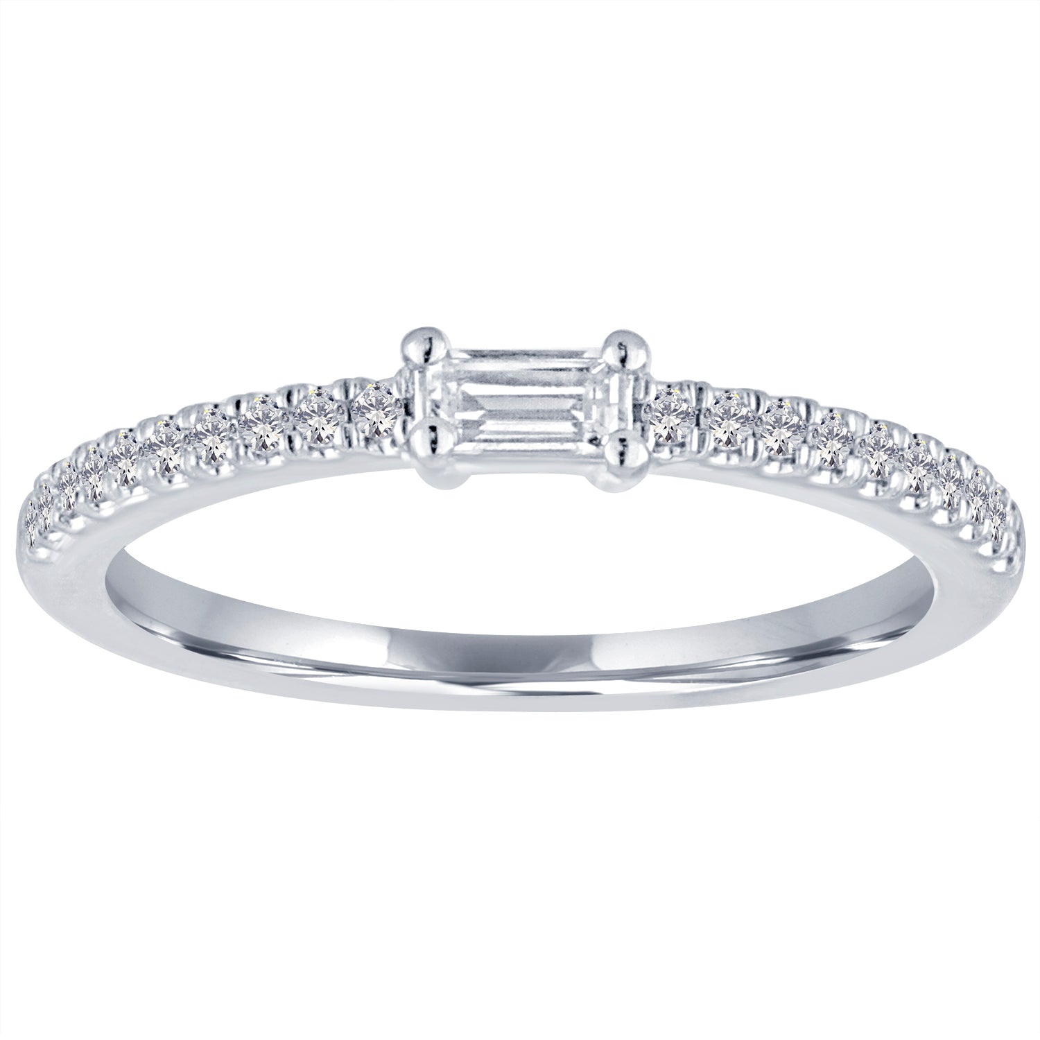 White gold skinny band with a diamond baguette in the center and round diamonds on the shank.