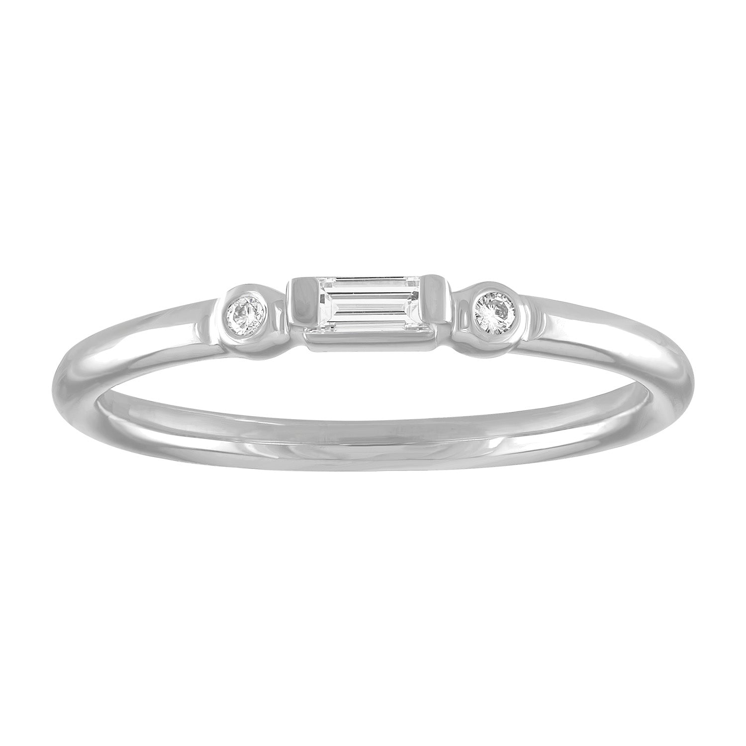 White gold skinny band with a diamond baguette in the center and two round diamonds on the side. 