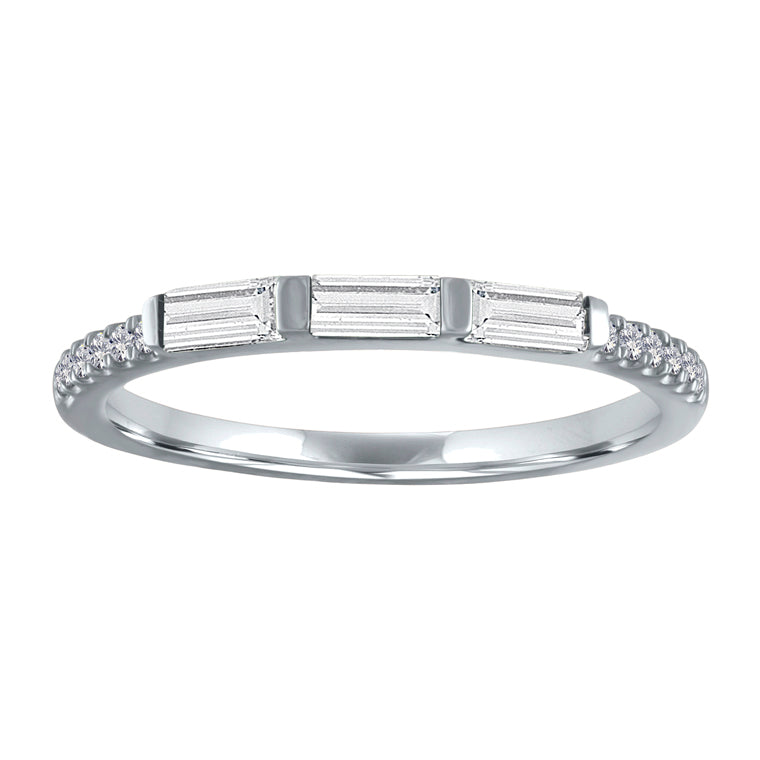 White gold skinny band with three diamond baguettes and round diamonds on the shank. 