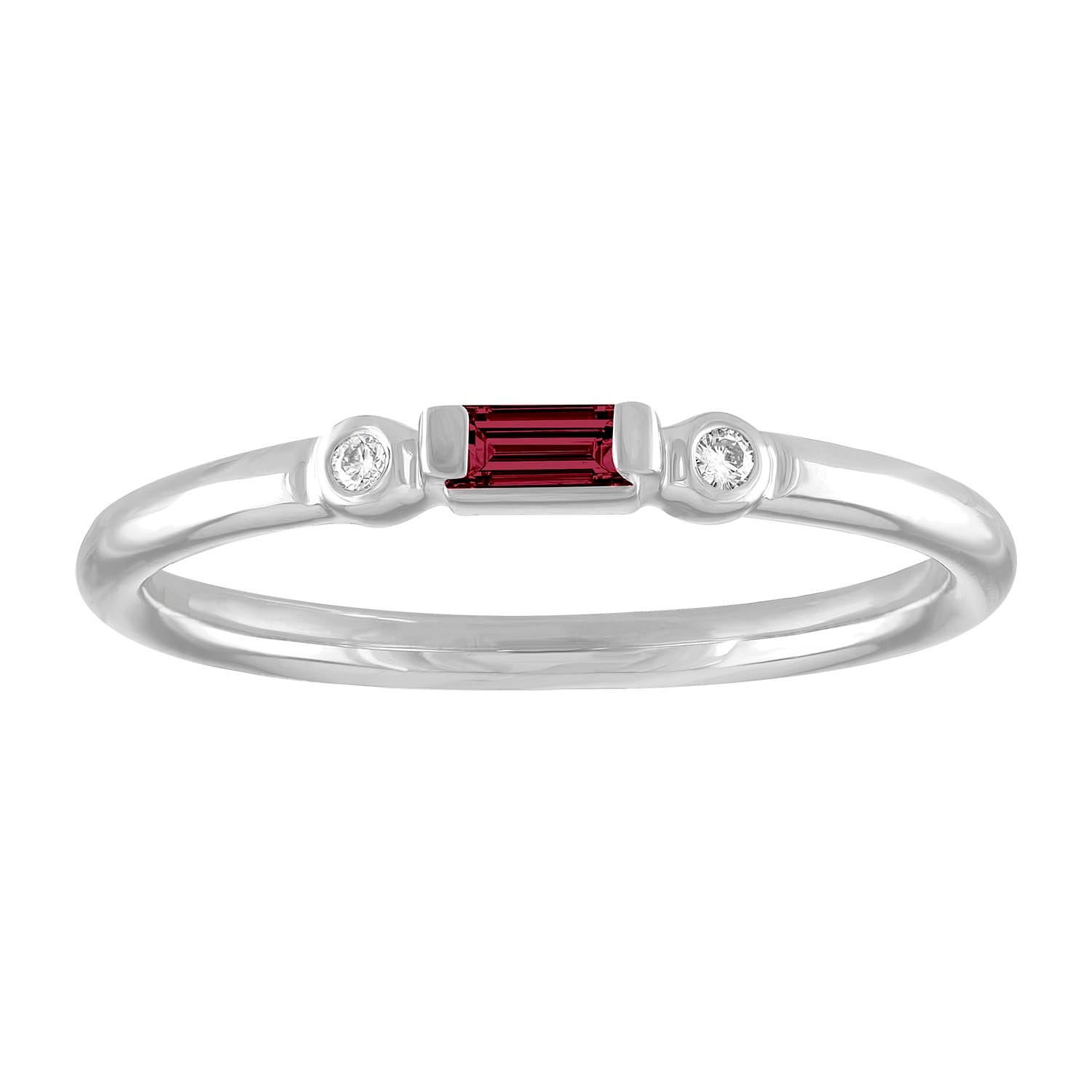 White gold skinny band with a garnet baguette in the center and two round diamonds on the side. 