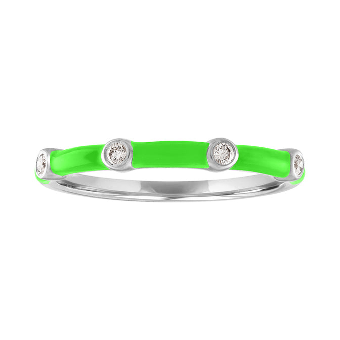 White gold skinny band with green enamel and four round diamonds.