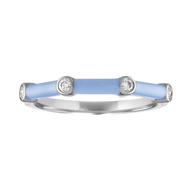 White gold skinny band with light blue enamel and four round diamonds.