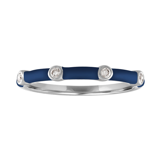 White gold skinny band with navy blue enamel and four round diamonds.