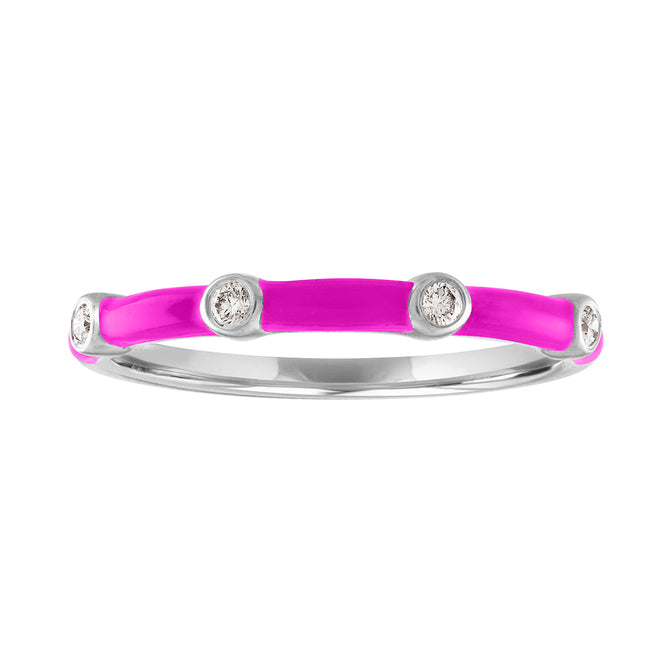 White gold skinny band with pink enamel and four round diamonds.