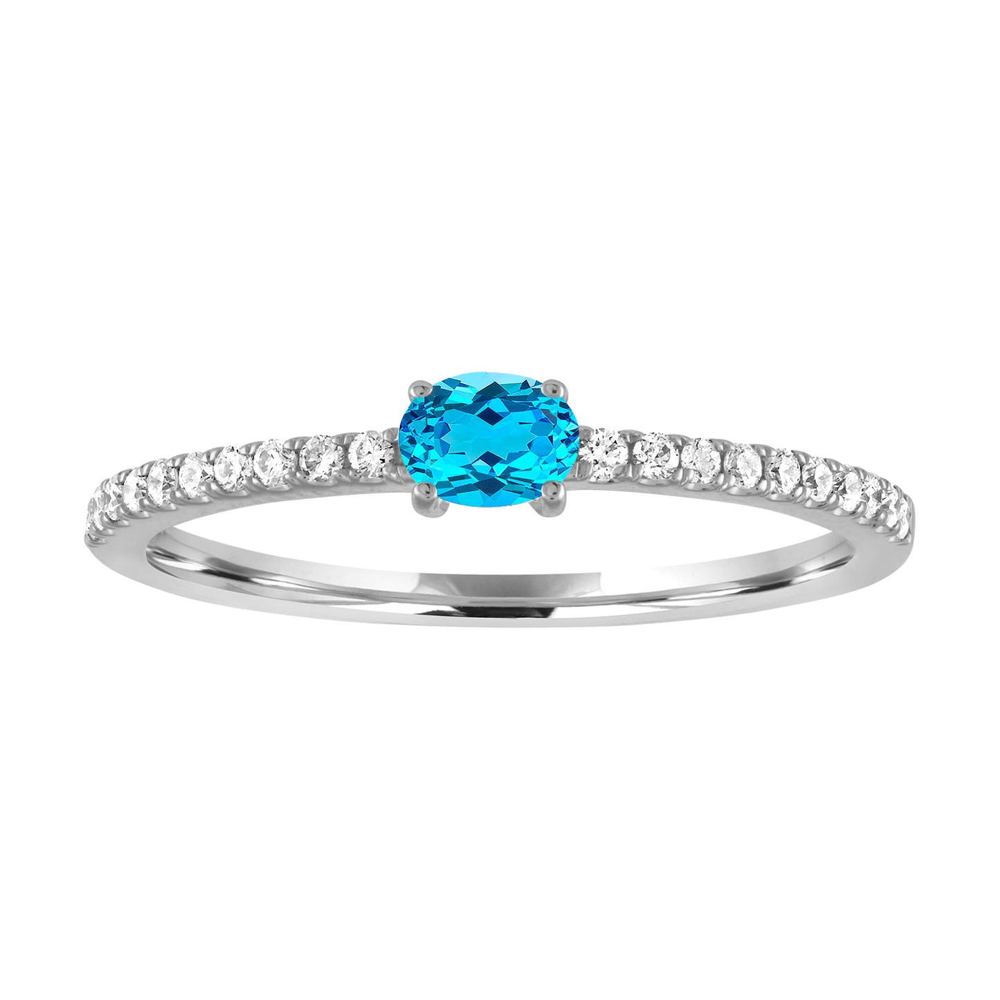 White gold skinny band with an oval blue topaz in the center and round diamonds along the shank.