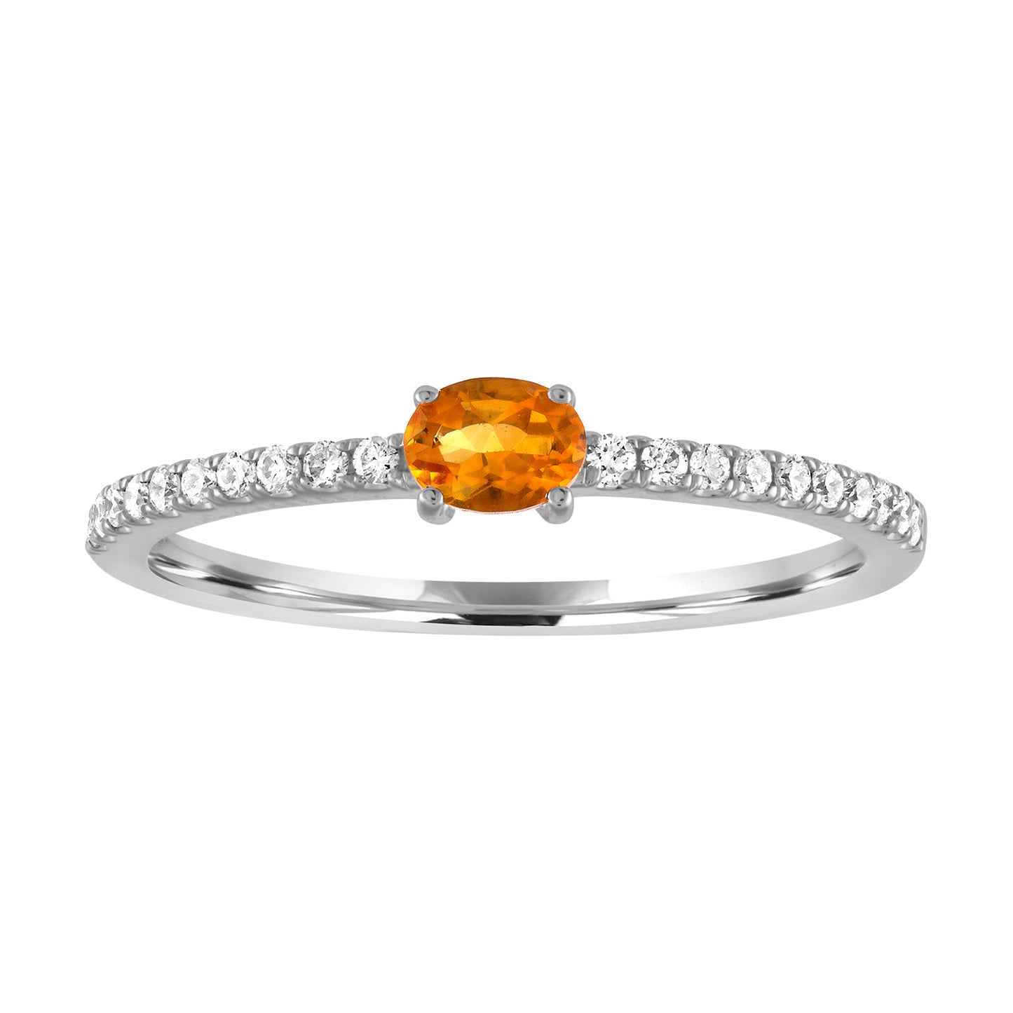 White gold skinny band with an oval citrine in the center and round diamonds along the shank.