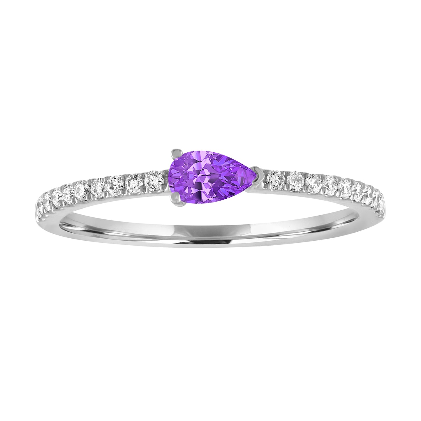White gold skinny band with a pear shaped amethyst in the center and round diamonds on the shank. 