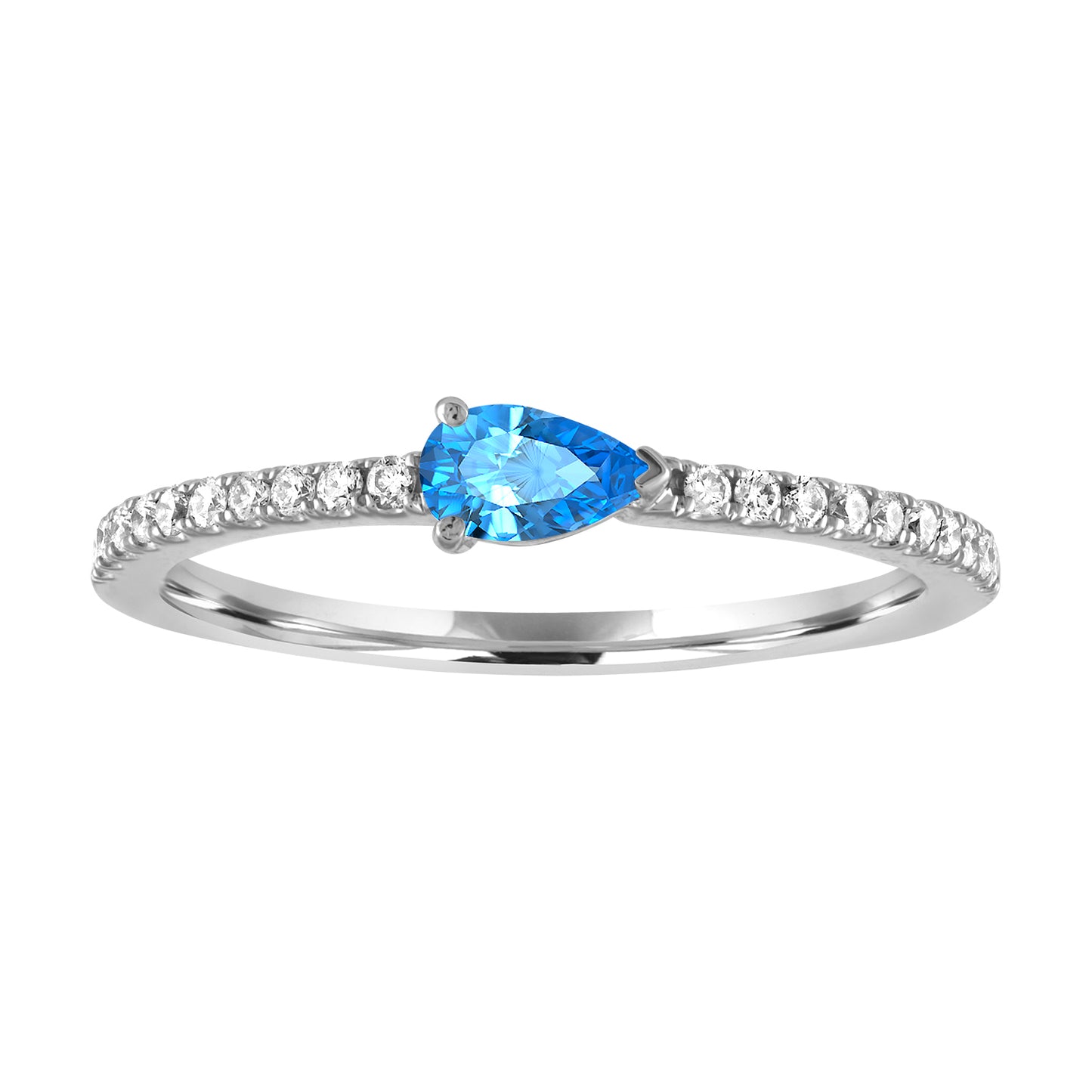 White gold skinny band with a pear shaped blue topaz in the center and round diamonds on the shank.