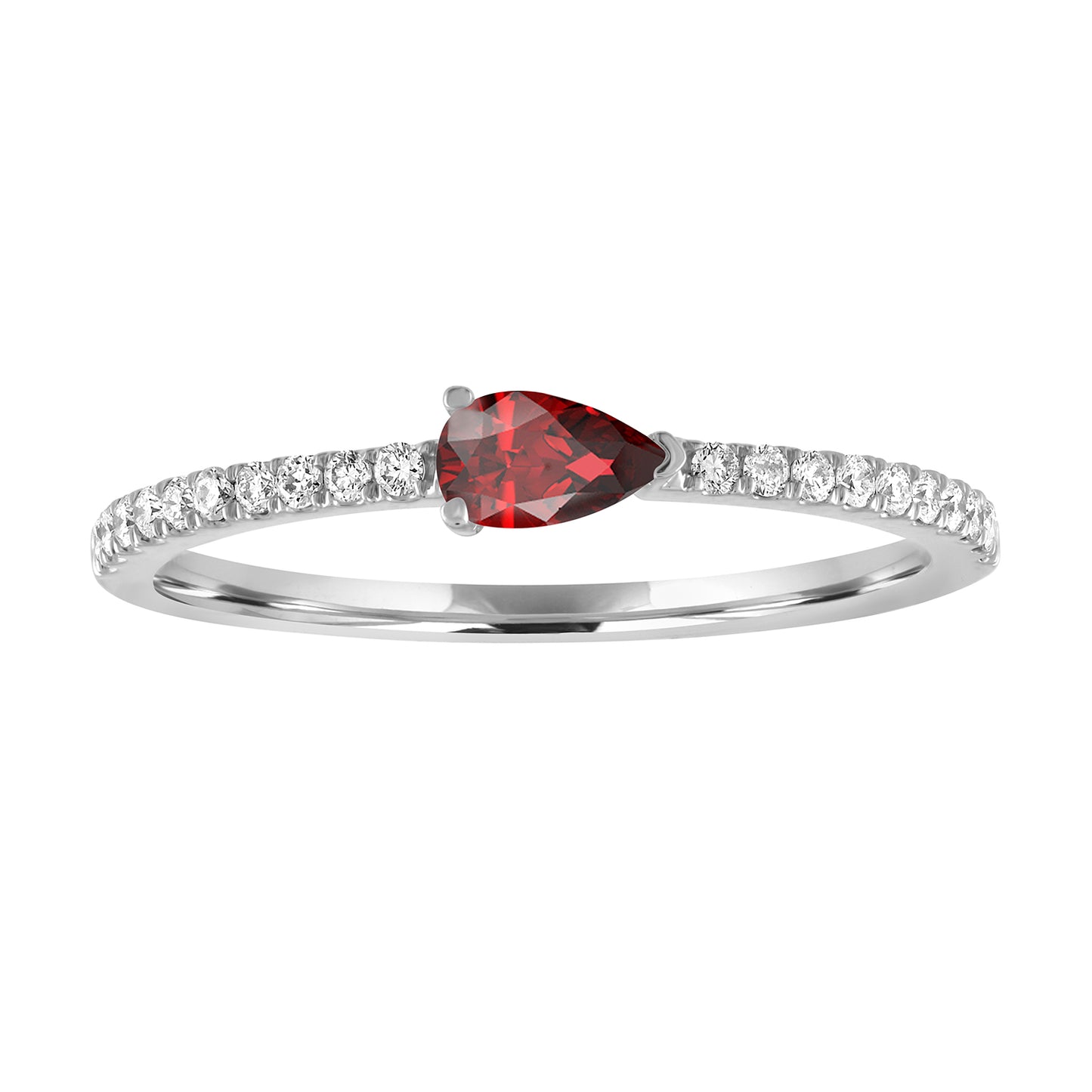 White gold skinny band with a pear shaped garnet in the center and round diamonds on the shank. 