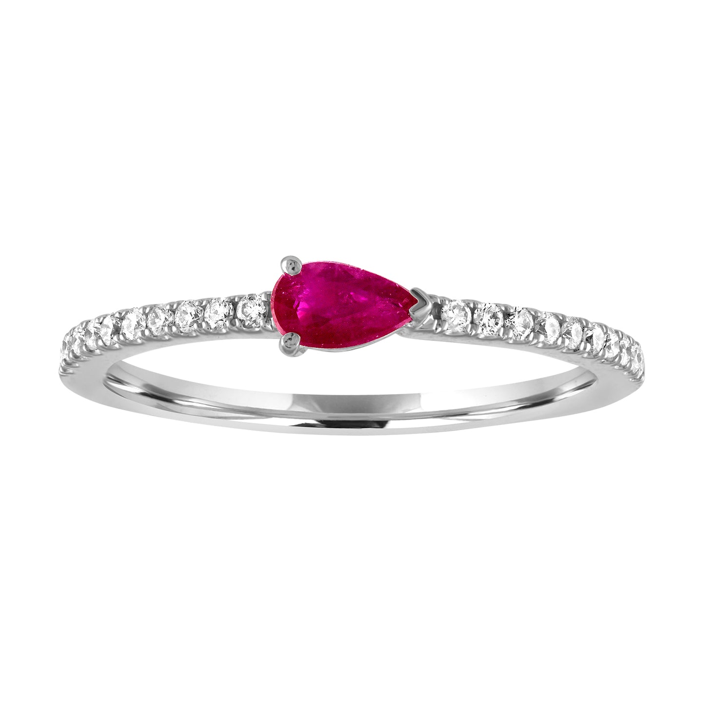 White gold skinny band with a pear shaped ruby in the center and round diamonds on the shank. 