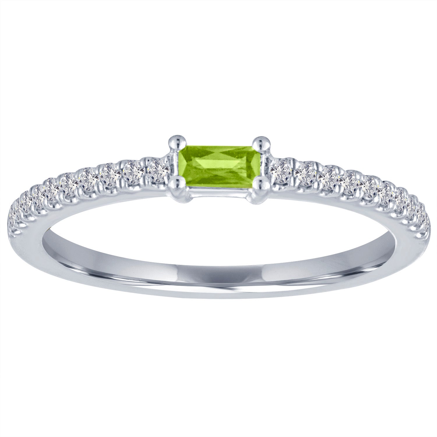 White gold skinny band with a peridot baguette in the center and round diamonds on the shank.