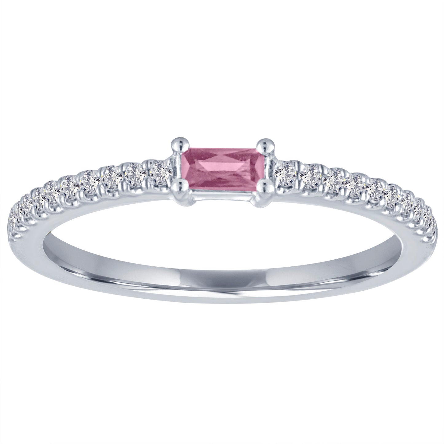 White gold skinny band with a pink tourmaline baguette in the center and round diamonds on the shank.