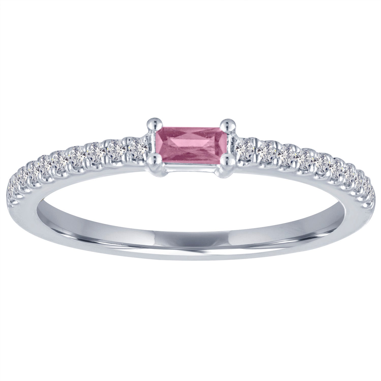 White gold skinny band with a pink tourmaline baguette in the center and round diamonds on the shank.