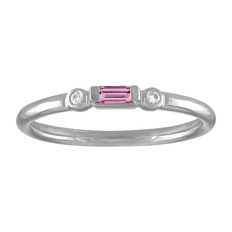 White gold skinny band with a pink tourmaline baguette in the center and two round diamonds on the side. 