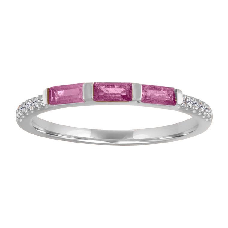 White gold skinny band with three pink tourmaline baguettes and round diamonds on the shank.