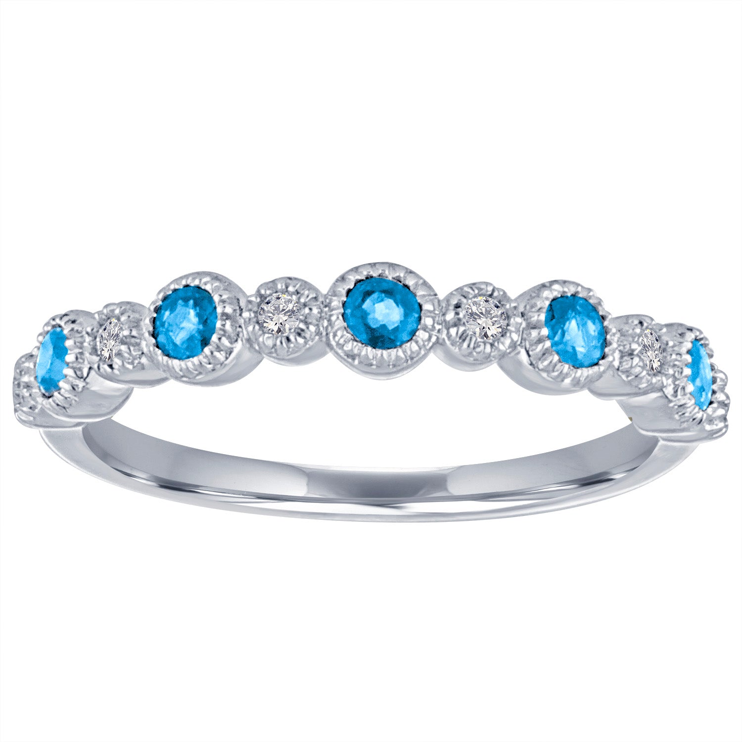 White gold skinny band with large round blue topaz's and small round diamonds.