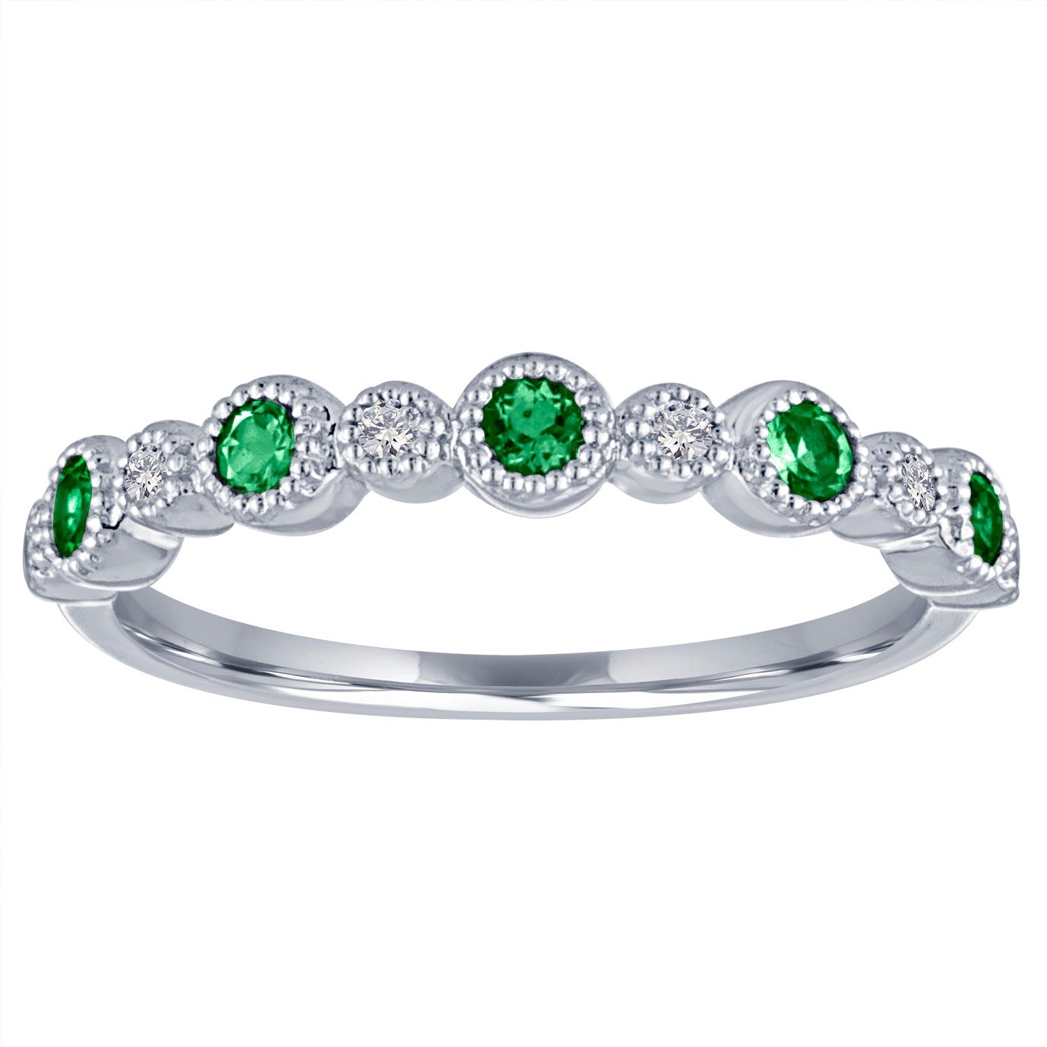 White gold skinny band with large round emeralds and small round diamonds. 