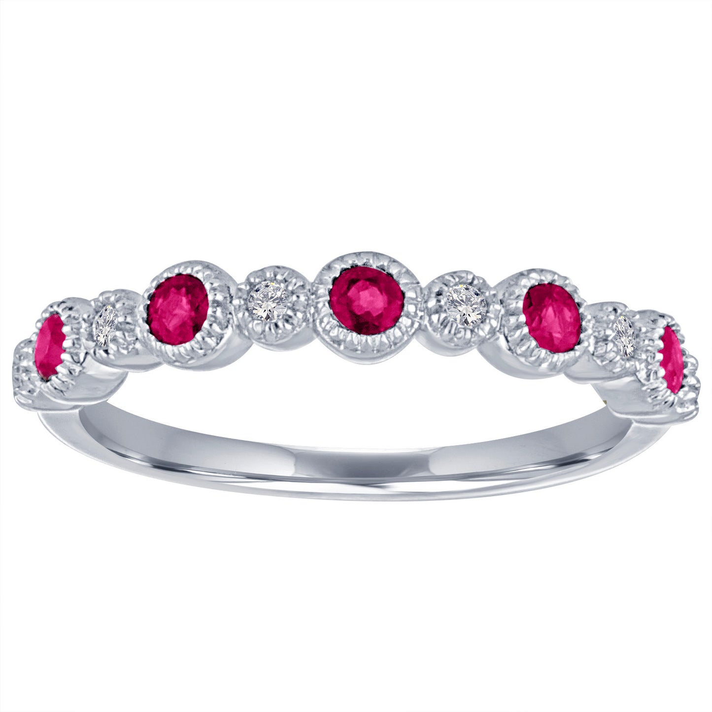 White gold skinny band with large round rubies and small round diamonds. 