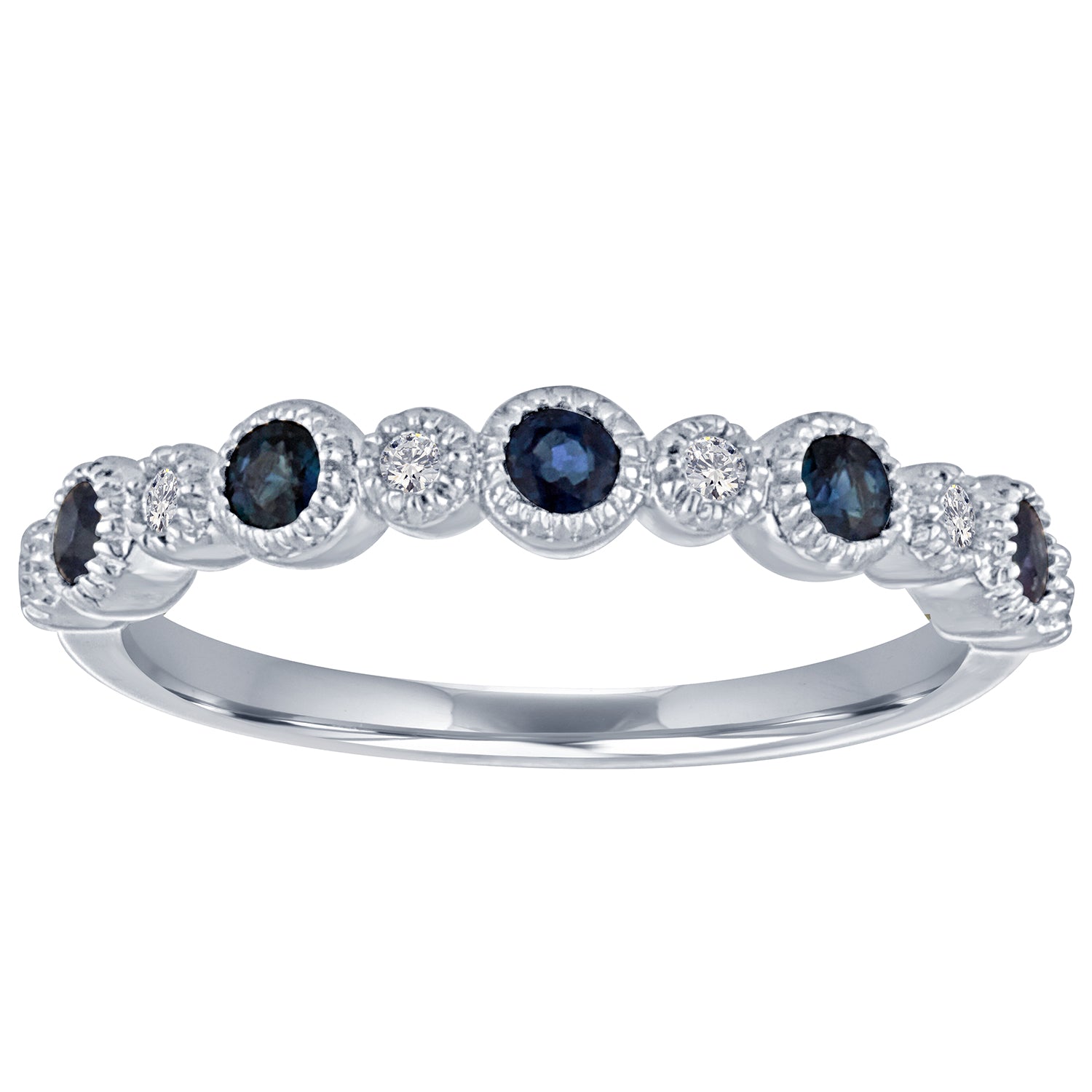 White gold skinny band with large round blue sapphires and small round diamonds.