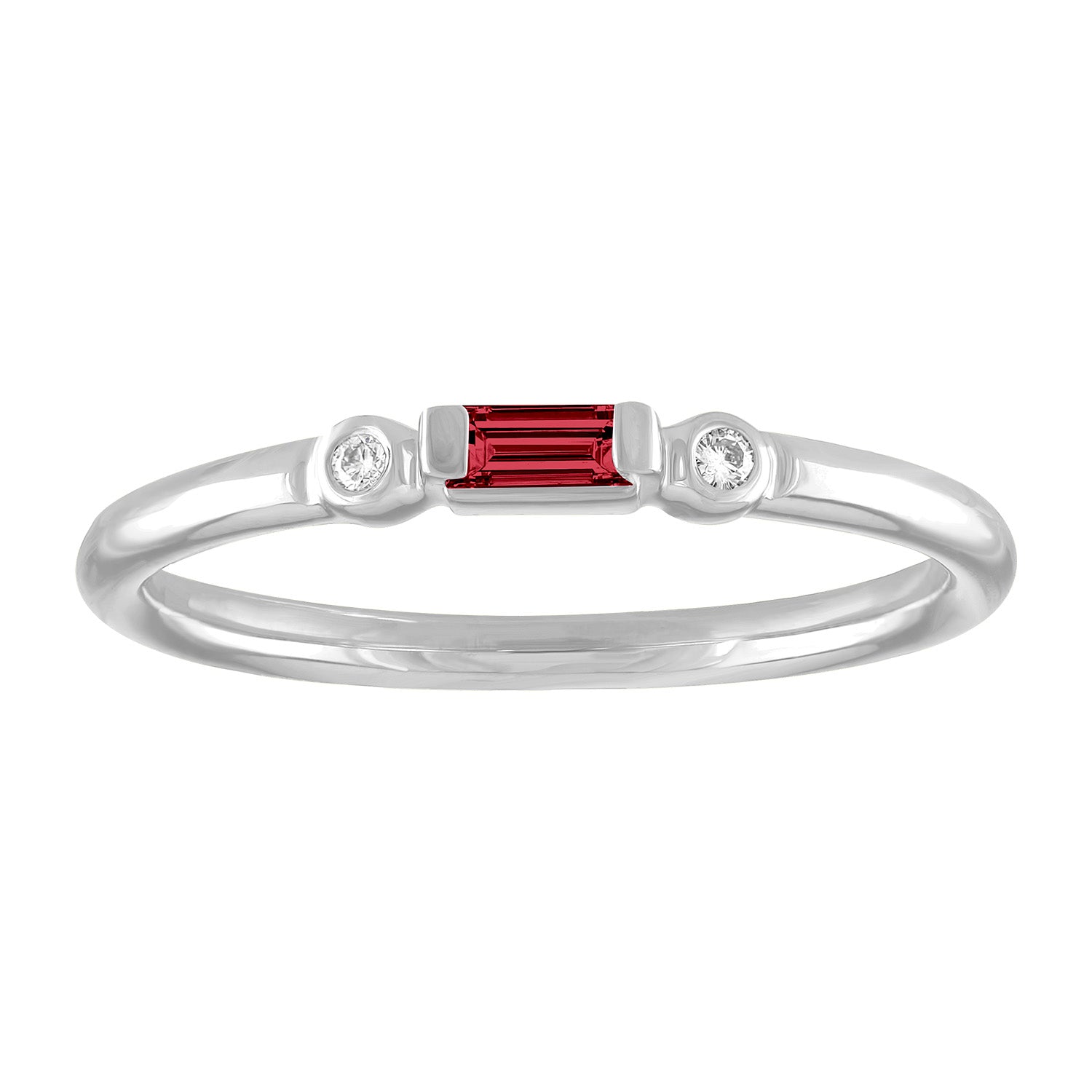 White gold skinny band with a ruby baguette in the center and two round diamonds on the side. 