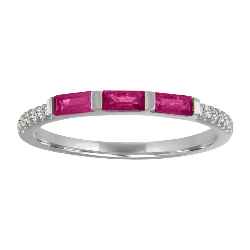 White gold skinny band with three ruby baguettes and round diamonds on the shank.