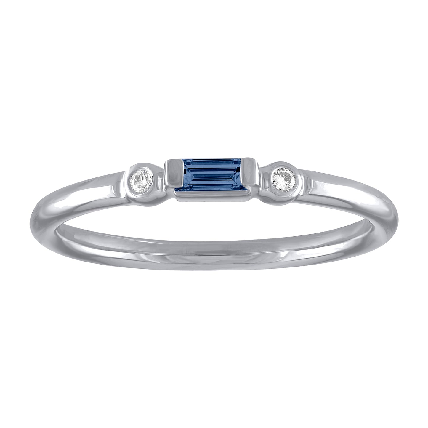 White gold skinny band with a sapphire baguette in the center and two round diamonds on the side. 