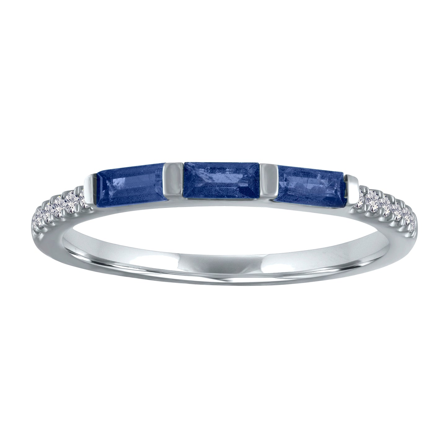 White gold skinny band with three sapphire baguettes and round diamonds on the shank. 