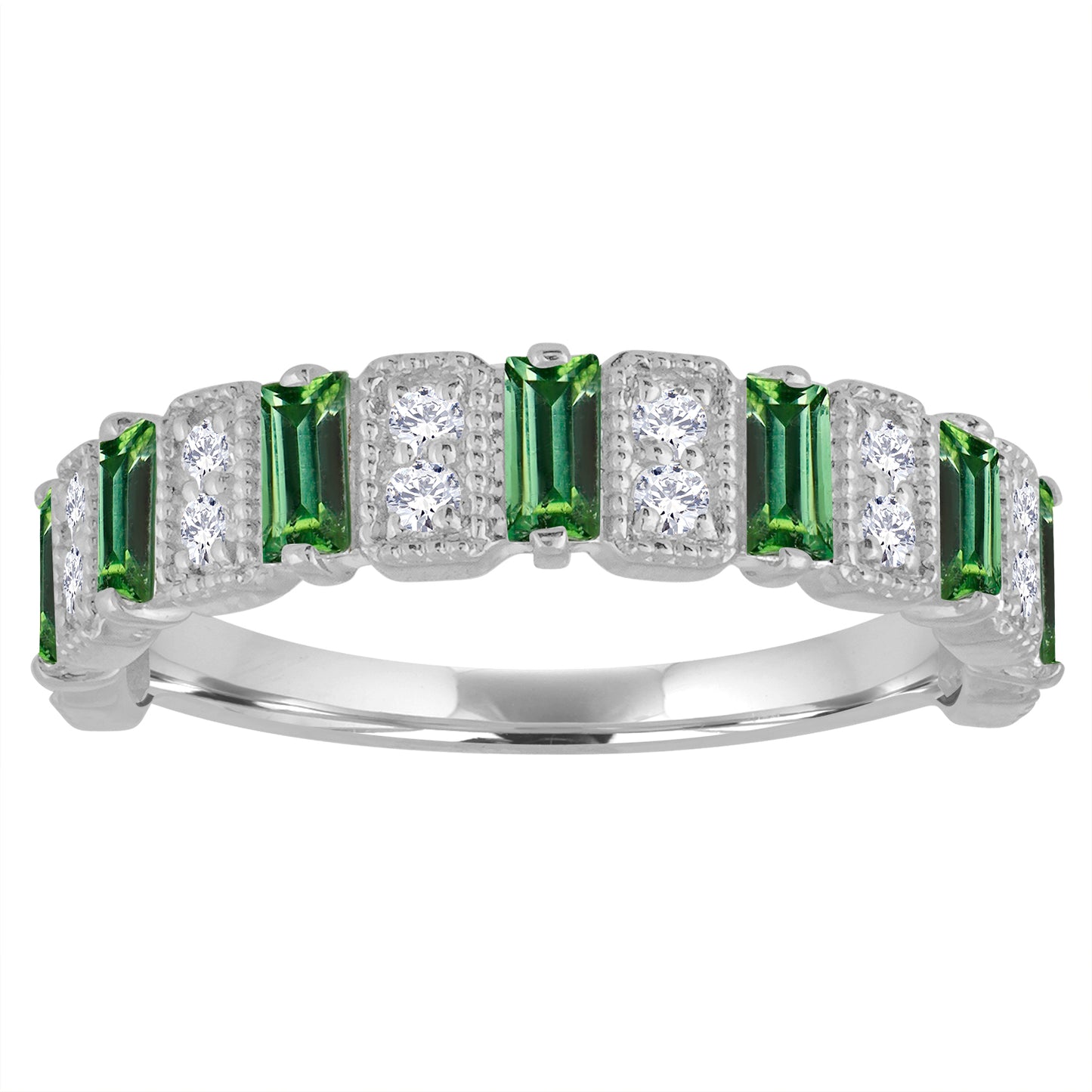 White gold wide band with emerald baguettes and round diamonds.