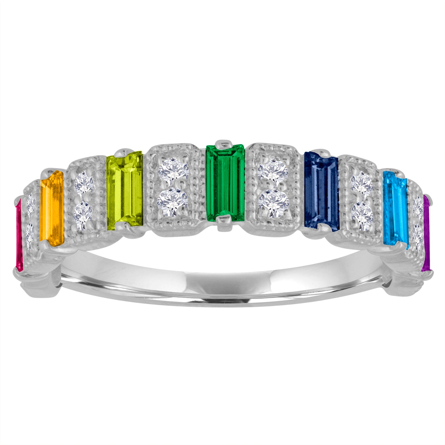 White gold wide band with multicolor baguettes and round diamonds.