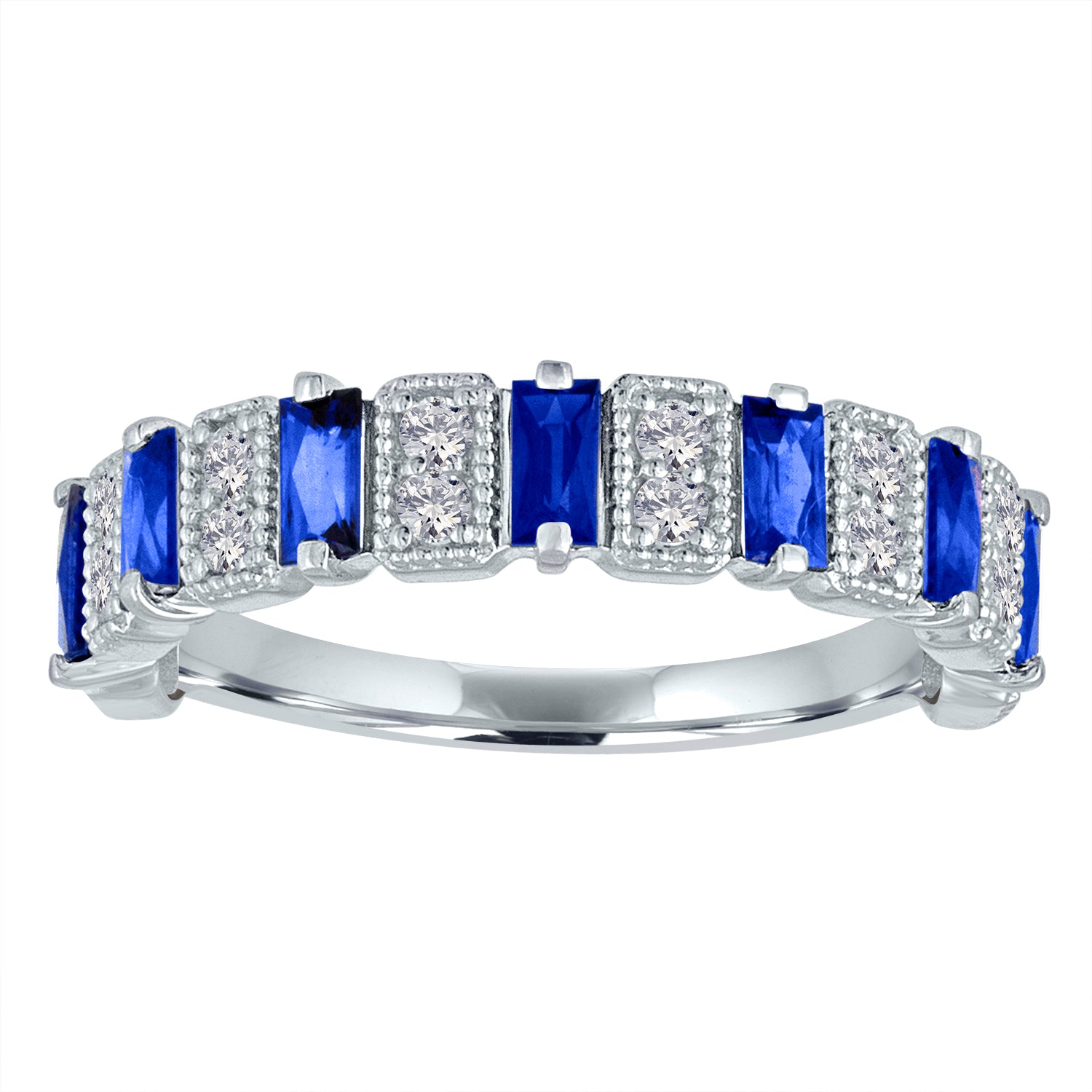 White gold white band with blue sapphire baguettes and round diamonds.