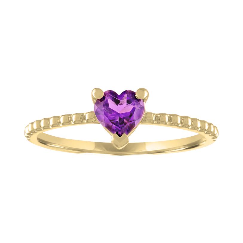 Yellow gold beaded skinny band with a heart shaped amethyst in the center. 