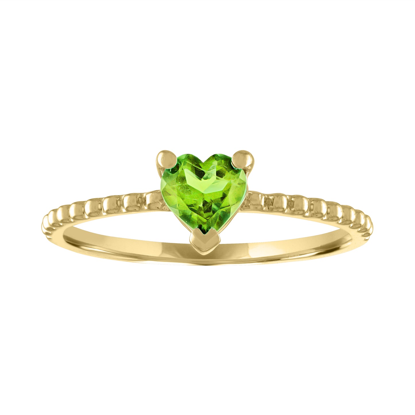 Yellow gold beaded skinny band with a heart shaped peridot in the center. 